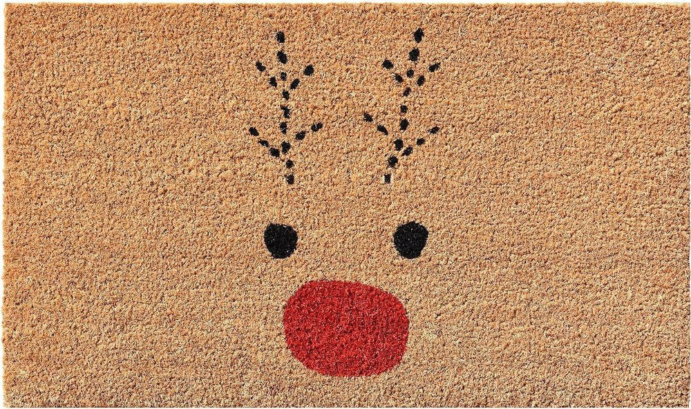 36" X 72" Brown Red And Black Christmas Reindeer Outdoor Coir Door Mat. Doormat in brown.