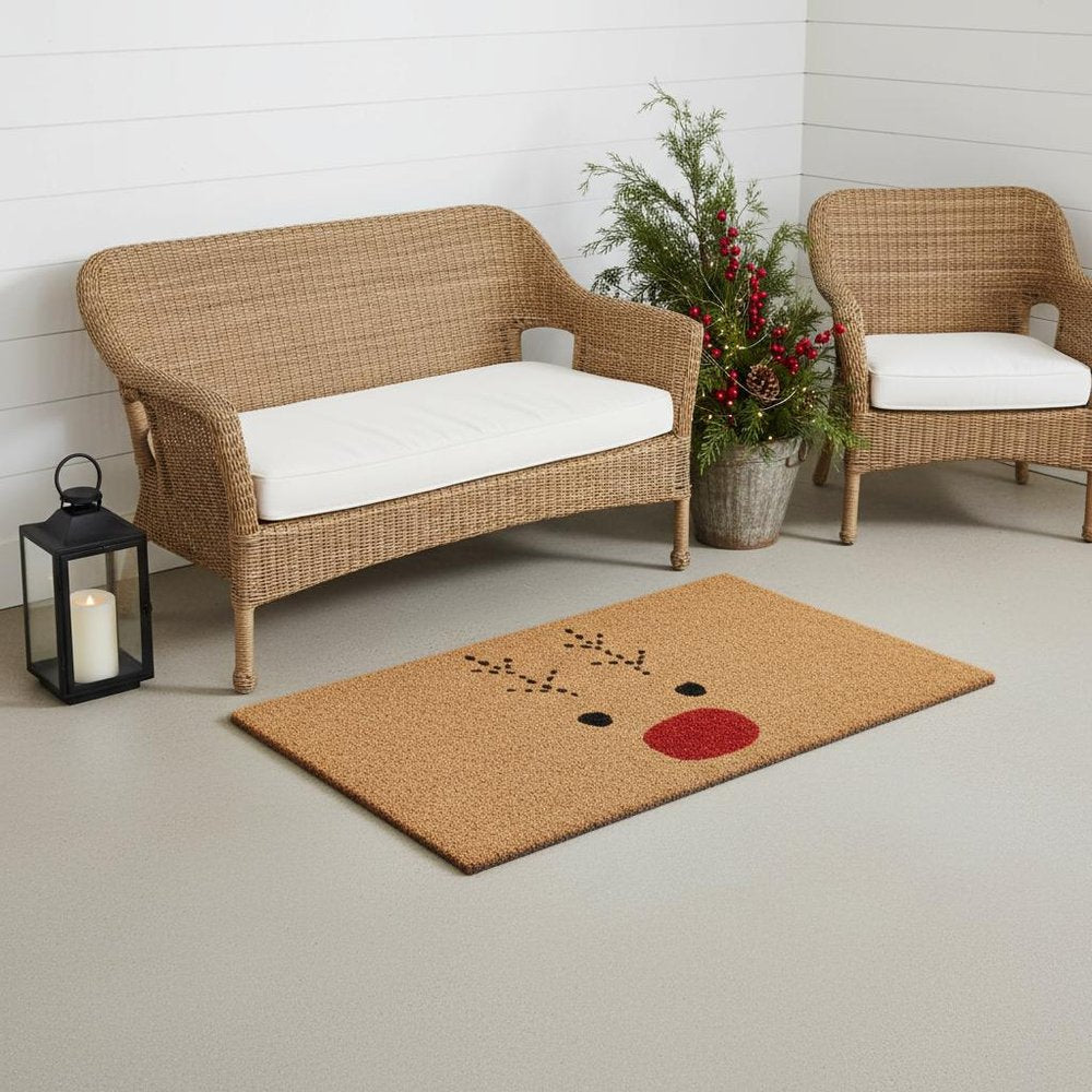 36" X 72" Brown Red And Black Christmas Reindeer Outdoor Coir Door Mat. Doormat isolated on a plain white background, showing its brown color.