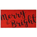 Red coir doormat with black script text that reads "Merry & Bright" on a white background.