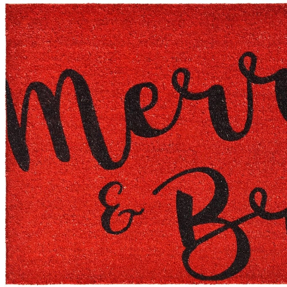 30" X 48" Red And Black Christmas Merry and Bright Outdoor Coir Door Mat. Doormat in black.