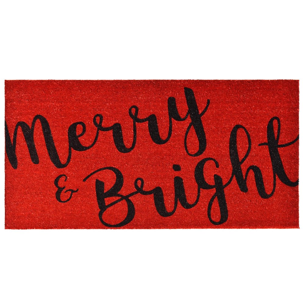 30" X 48" Red And Black Christmas Merry and Bright Outdoor Coir Door Mat