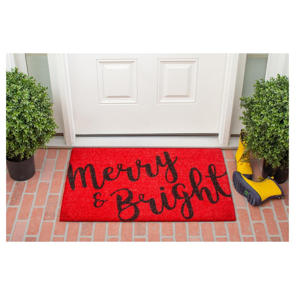 30" X 48" Red And Black Christmas Merry and Bright Outdoor Coir Door Mat. Doormat isolated on a plain white background, in a red finish.