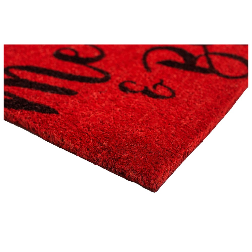 30" X 48" Red And Black Christmas Merry and Bright Outdoor Coir Door Mat. Doormat isolated on a plain white background, showing its black color.