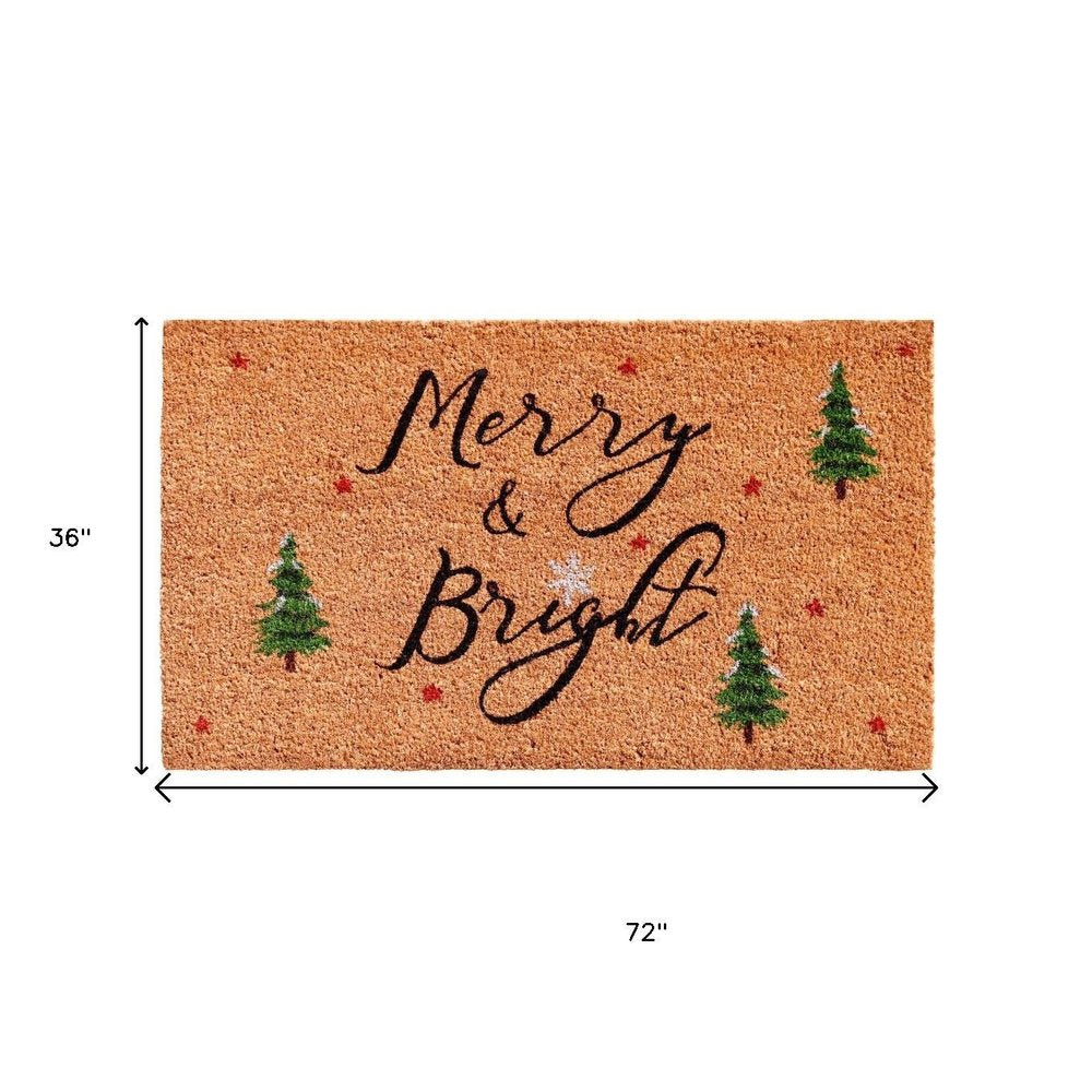 36" X 72" Brown Black And Green Christmas Merry and Bright Outdoor Coir Door Mat. Doormat isolated on a plain white background, finished in black.