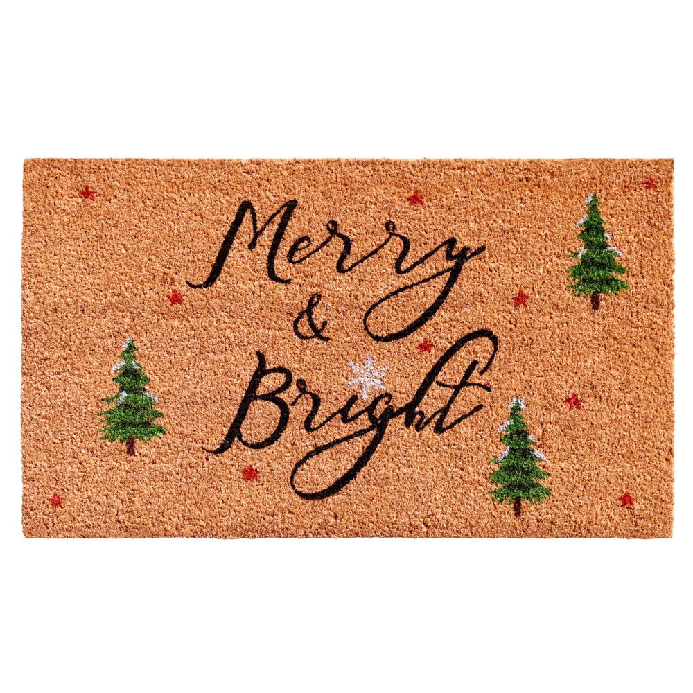 36" X 72" Brown Black And Green Christmas Merry and Bright Outdoor Coir Door Mat