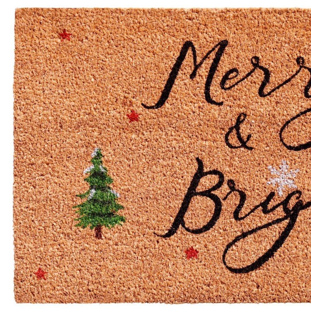 36" X 72" Brown Black And Green Christmas Merry and Bright Outdoor Coir Door Mat