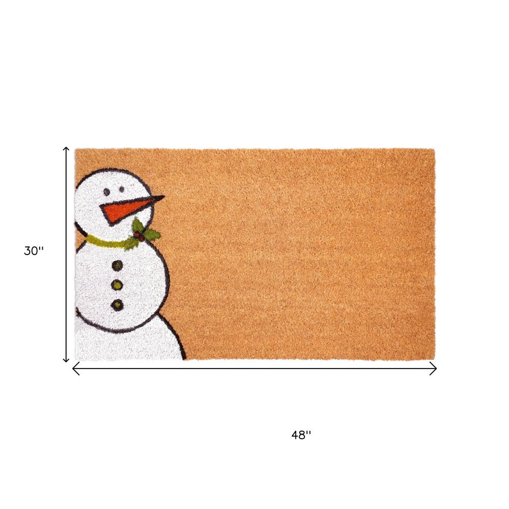 30" X 48" Brown White And Red Christmas Snowman Outdoor Coir Door Mat
