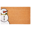 Brown and white coir doormat with a Christmas snowman design on the left side.