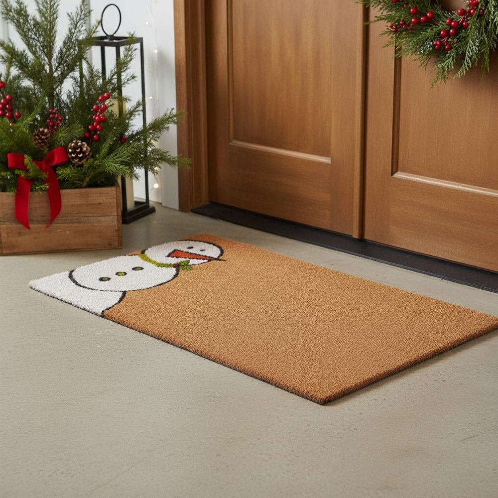 30" X 48" Brown White And Red Christmas Snowman Outdoor Coir Door Mat styled in a furnished interior with a dark brown wall on a wood floor.