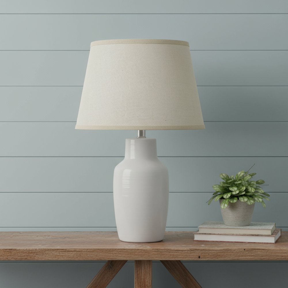 Light Brown Burlap Plain Drum Lamp Shade in a home interior