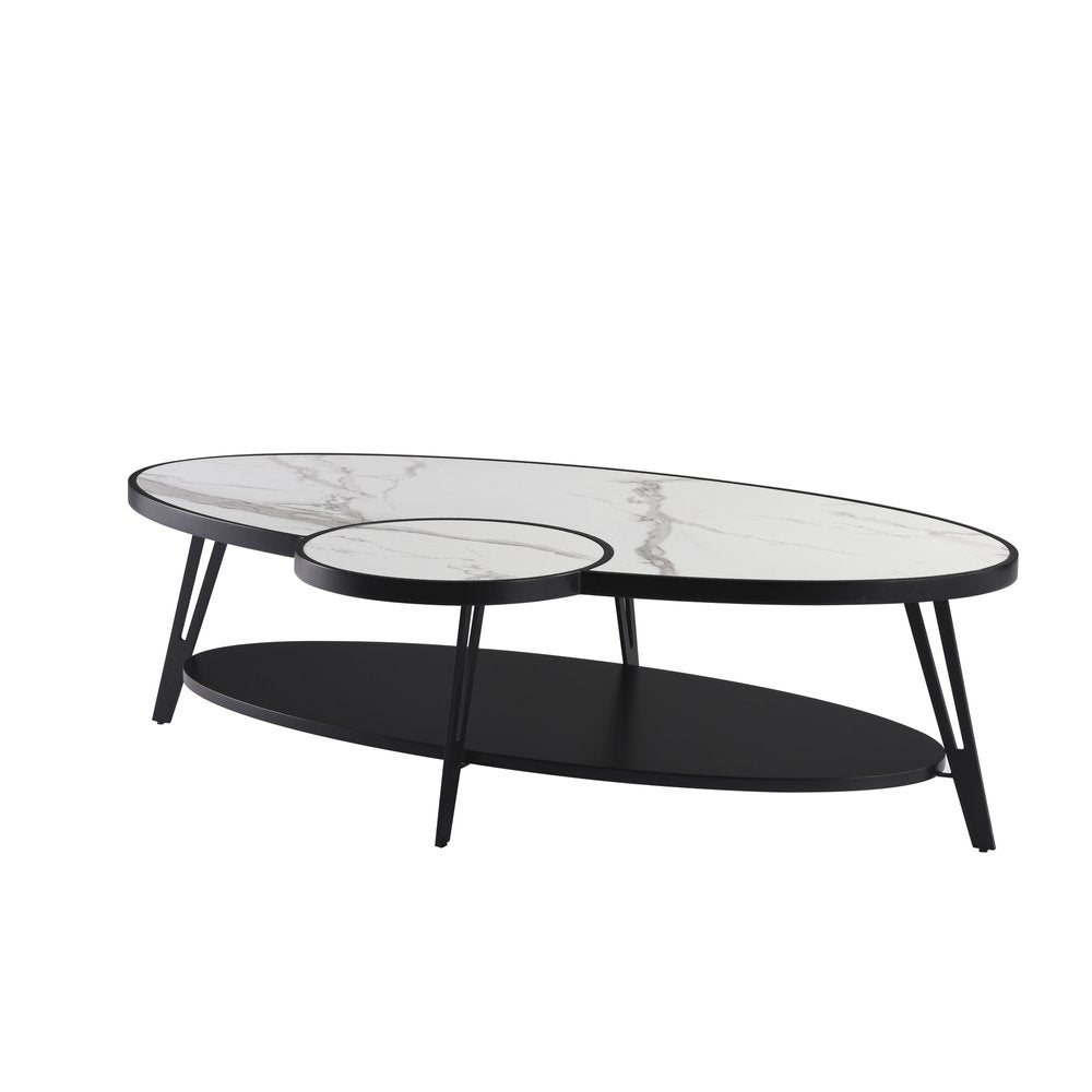 53" White and Black Sintered Stone and Iron Oval Coffee Table