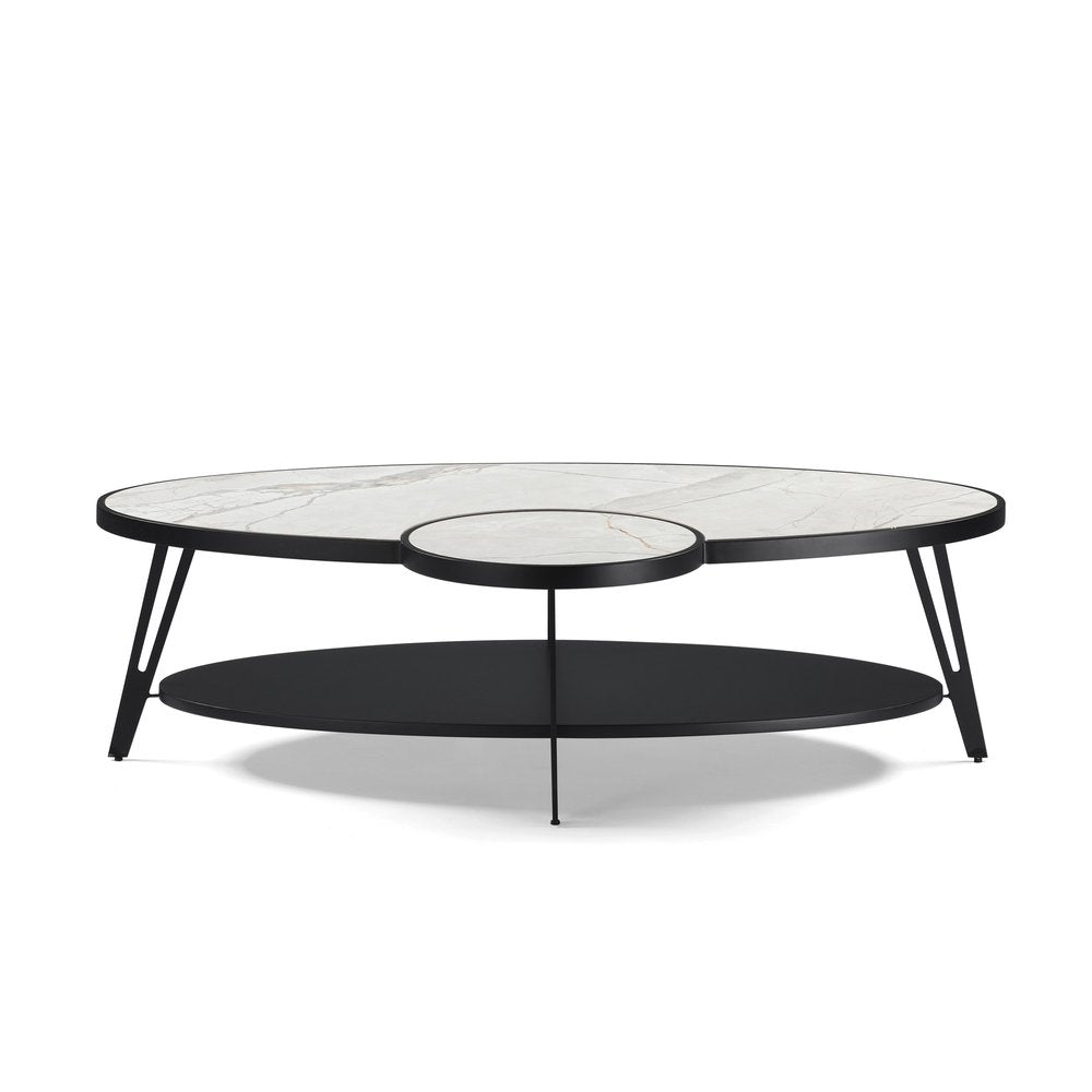 53" White and Black Sintered Stone and Iron Oval Coffee Table
