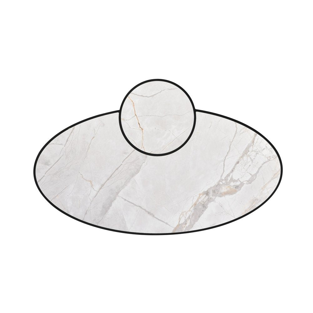 53" White and Black Sintered Stone and Iron Oval Coffee Table