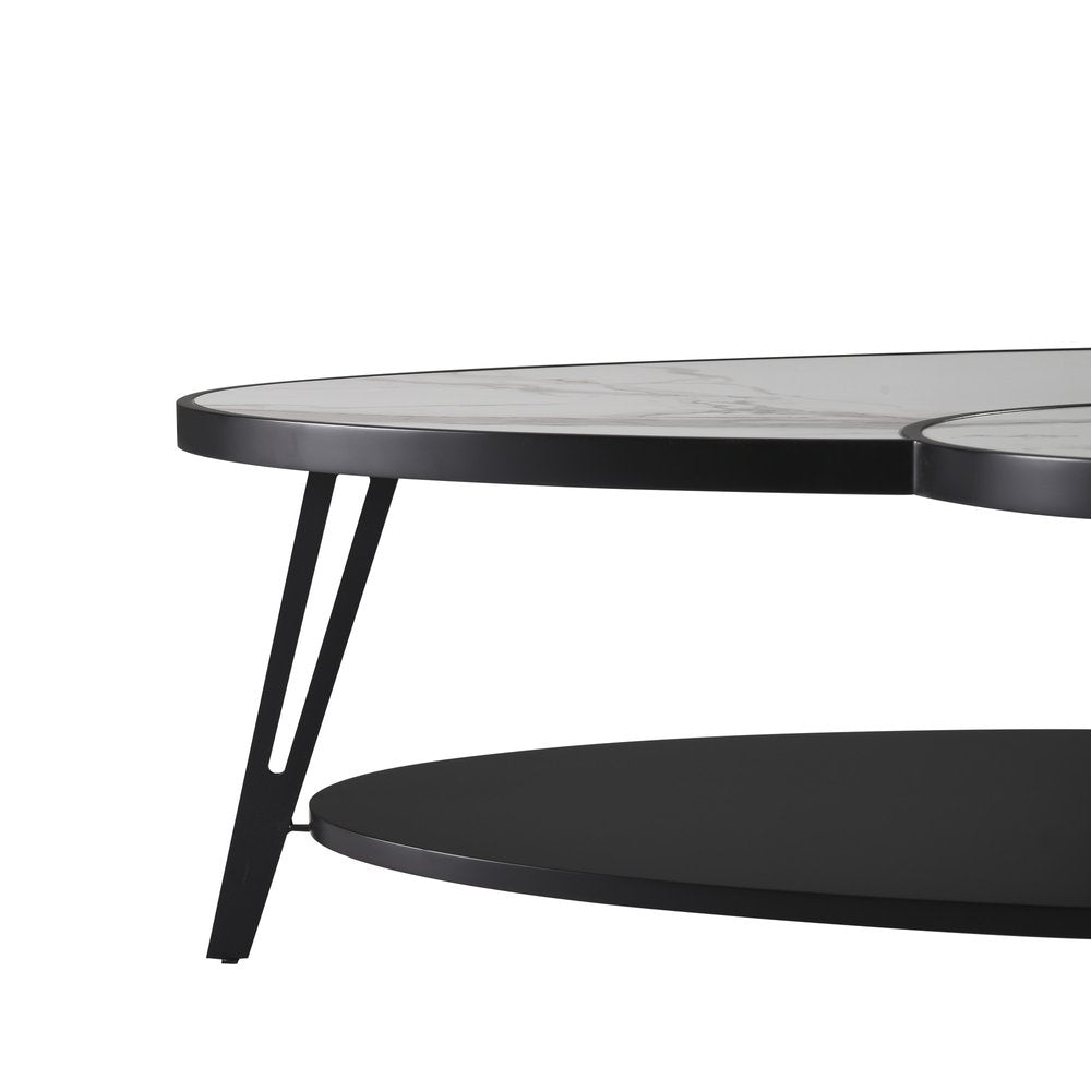 53" White and Black Sintered Stone and Iron Oval Coffee Table