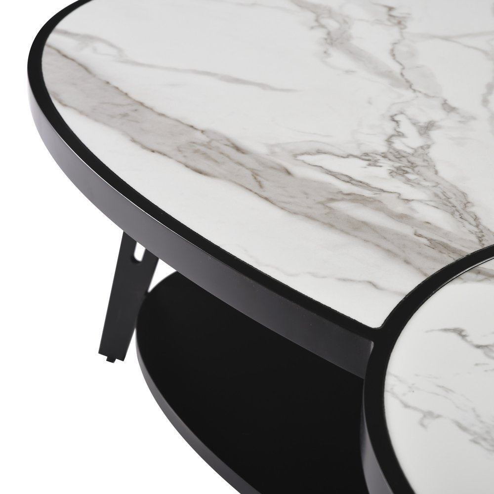 53" White and Black Sintered Stone and Iron Oval Coffee Table