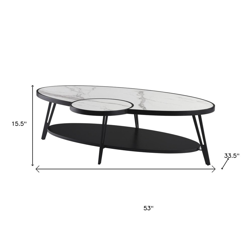 53" White and Black Sintered Stone and Iron Oval Coffee Table