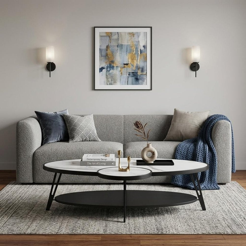 53" White and Black Sintered Stone and Iron Oval Coffee Table