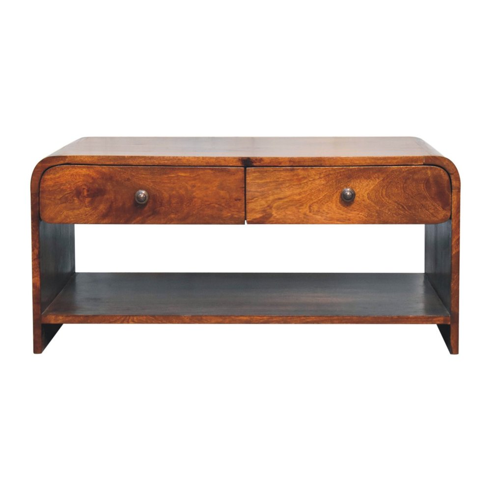 85" Chestnut Solid Wood Frame Coffee Table With Four Drawers on a white background
