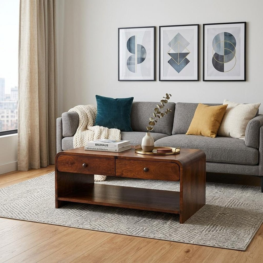85" Chestnut Solid Wood Frame Coffee Table With Four Drawers in a home interior