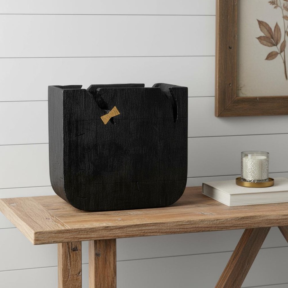Black Wood Square Pot Planter in a home interior