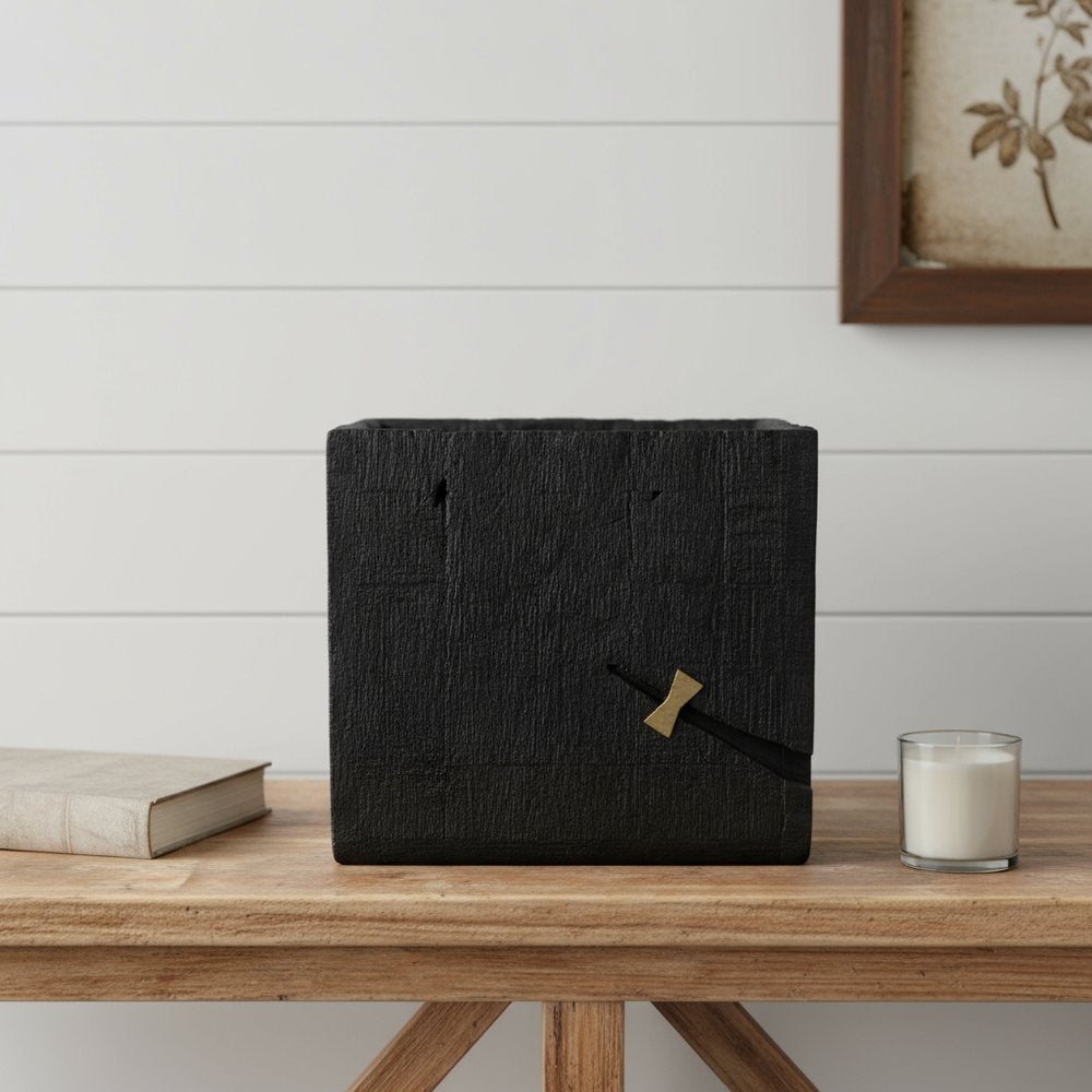 Black Wood Square Pot Planter in a home interior