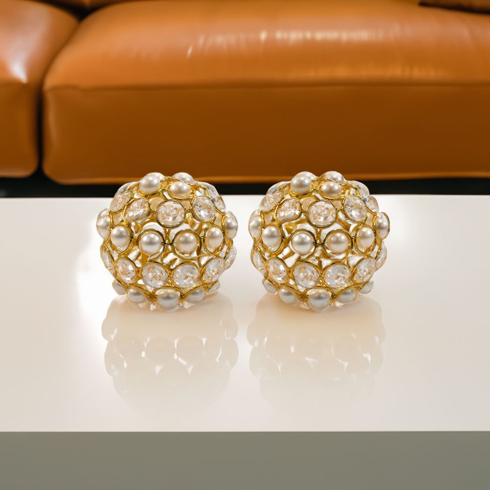 Set of Two Gold And Pearl Faux Crystal And Metal Decorative Orbs