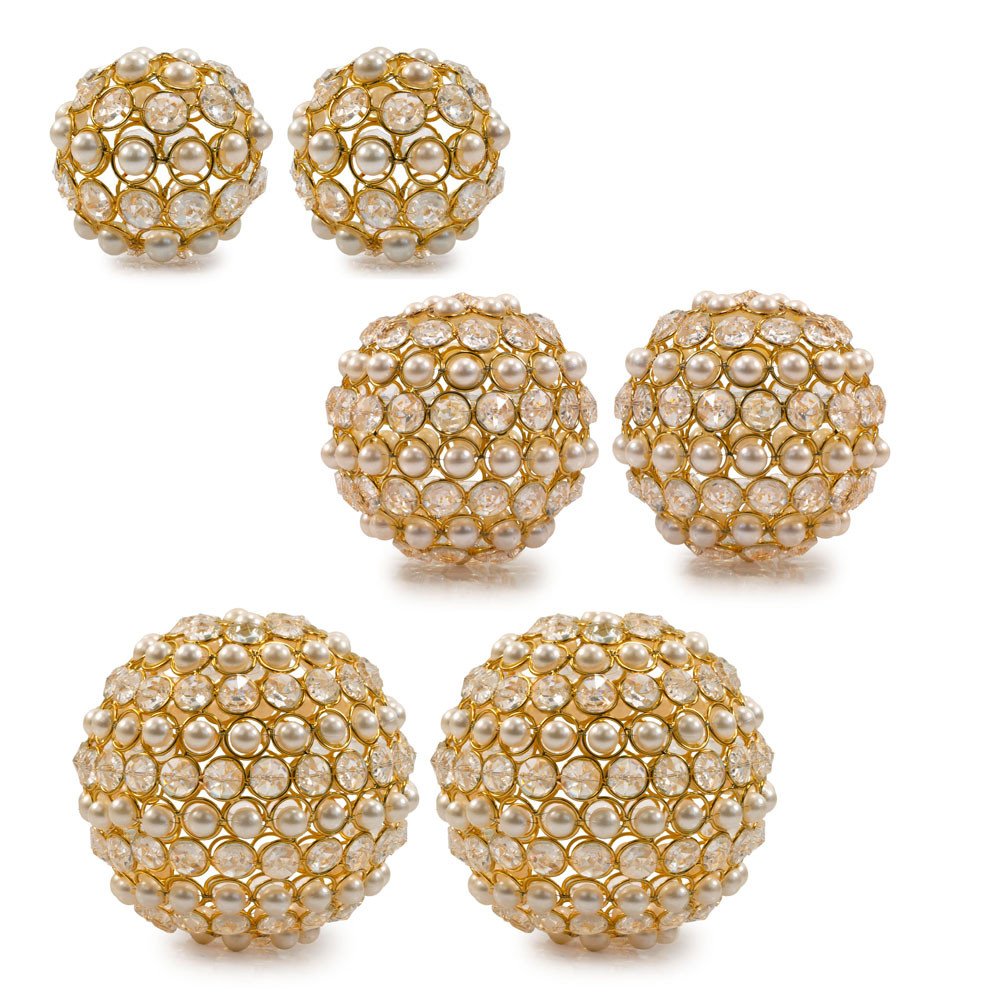 Set of Two Gold And Pearl Faux Crystal And Metal Decorative Orbs