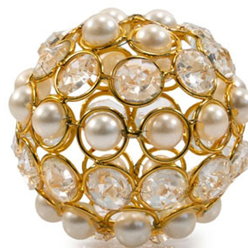 Set of Two Gold And Pearl Faux Crystal And Metal Decorative Orbs on a white background