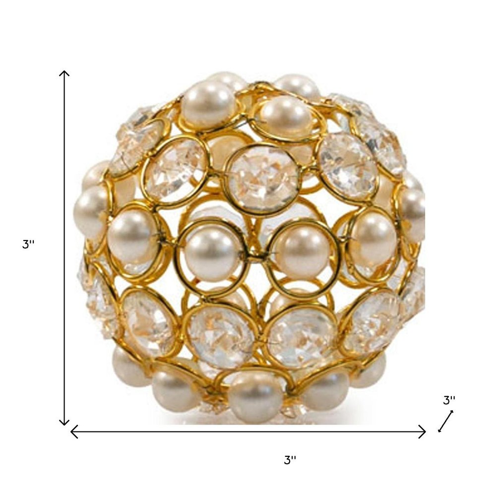 Set of Two Gold And Pearl Faux Crystal And Metal Decorative Orbs on a white background