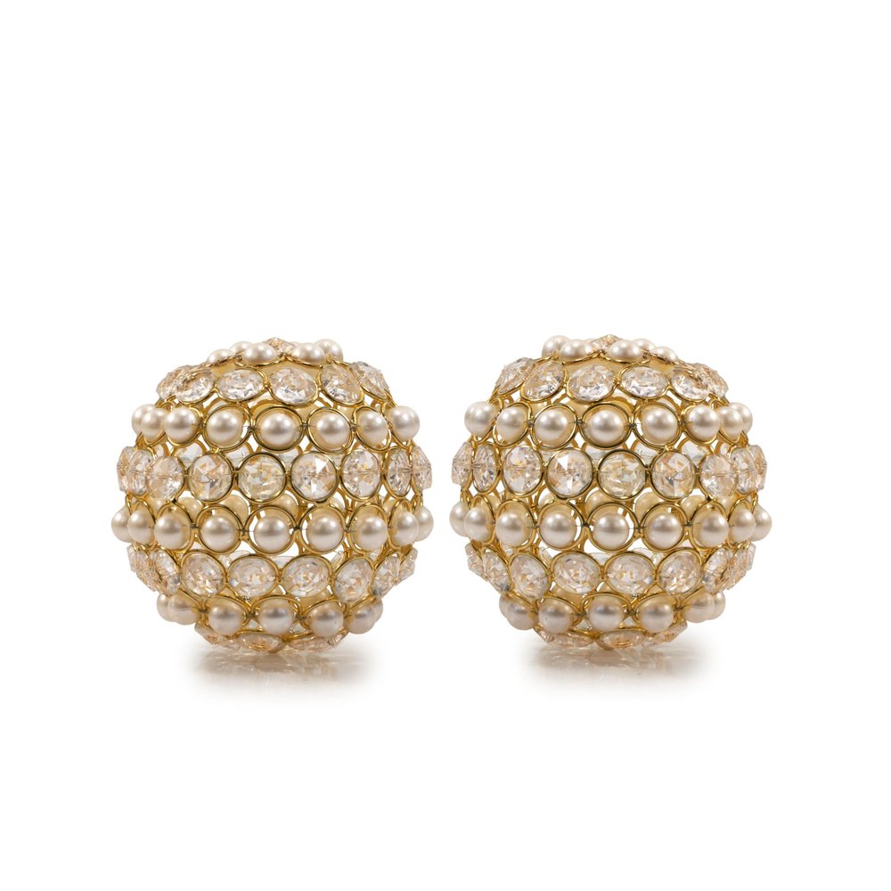 Set of Two Gold And Pearl Faux Crystal And Metal Decorative Orbs