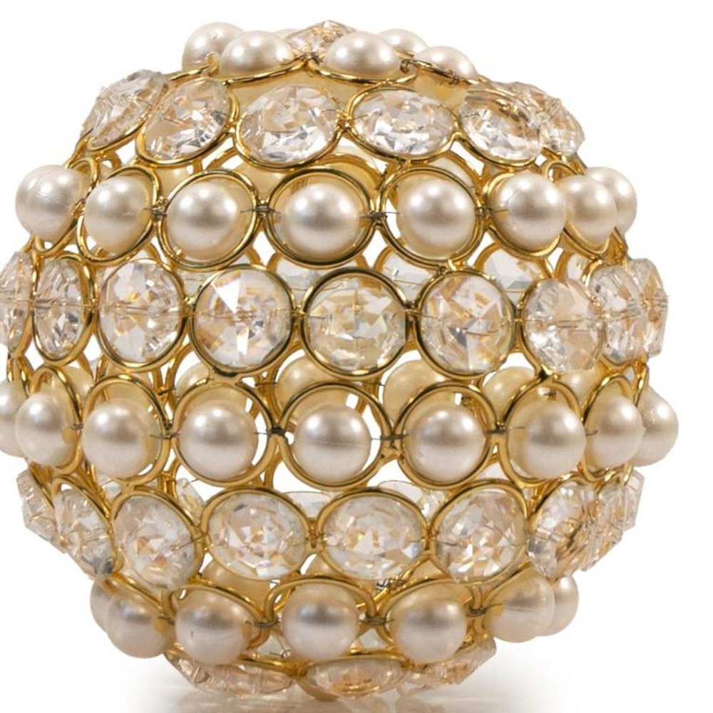 Set of Two Gold And Pearl Faux Crystal And Metal Decorative Orbs on a white background
