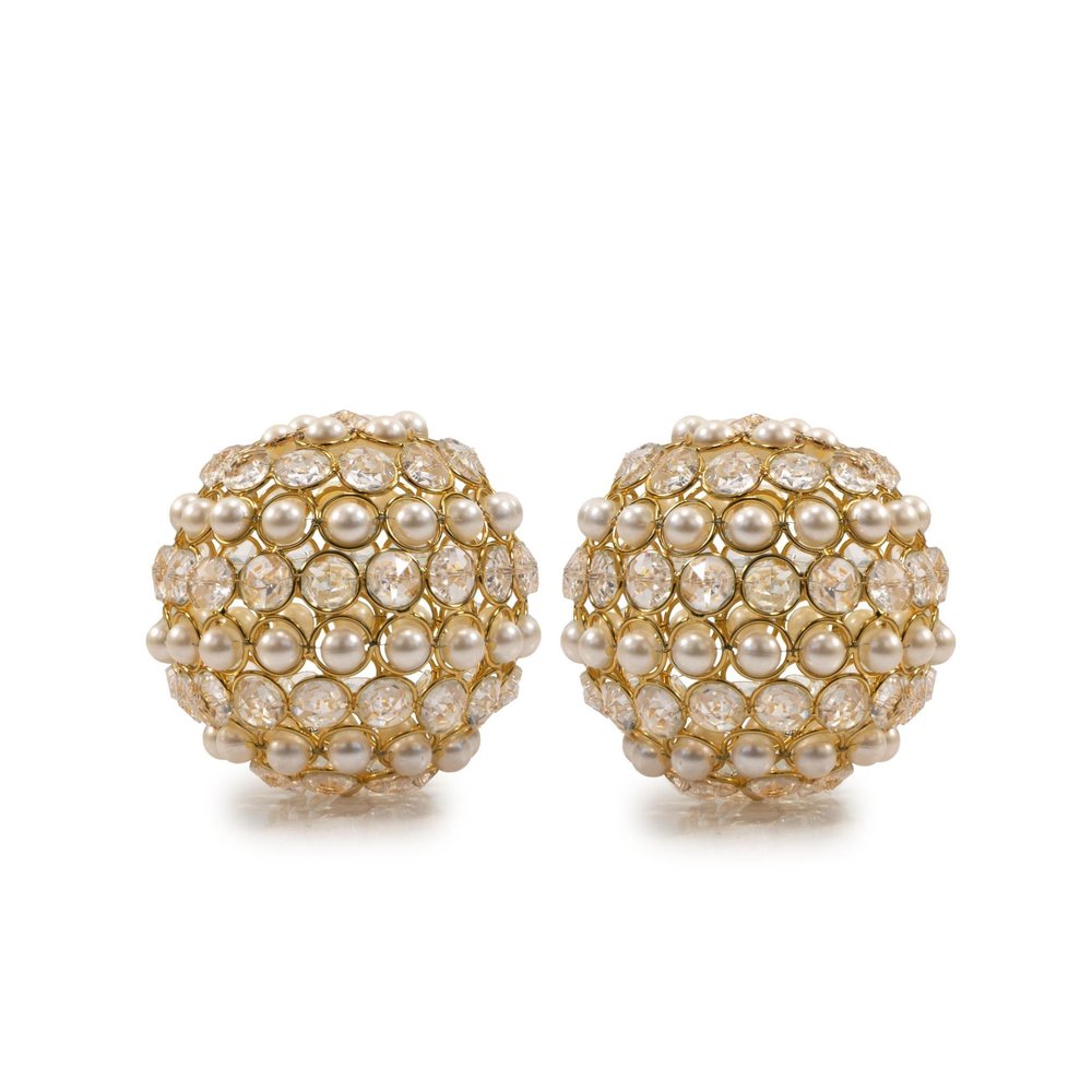 Set of Two Gold And Pearl Faux Crystal And Metal Decorative Orbs on a white background