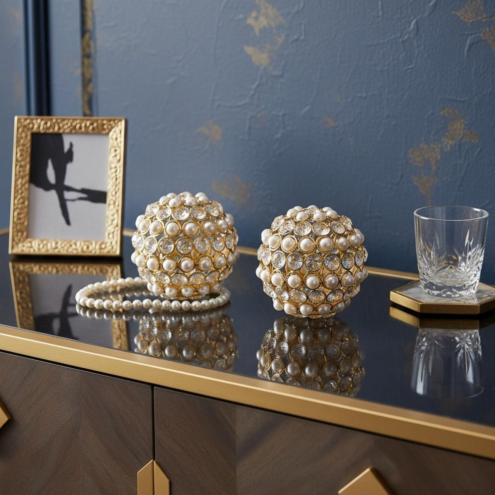 Set of Two Gold And Pearl Faux Crystal And Metal Decorative Orbs