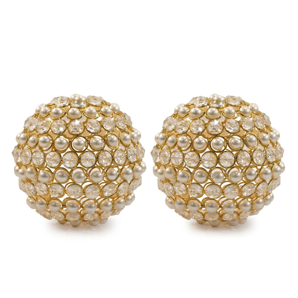 Set of Two Gold And Pearl Faux Crystal And Metal Decorative Orbs on a white background