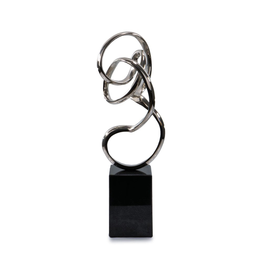20" Silver And Black Aluminum And Marble Modern Abstract Tabletop Sculpture. Sculpture isolated on a plain white background, in a silver metal finish.