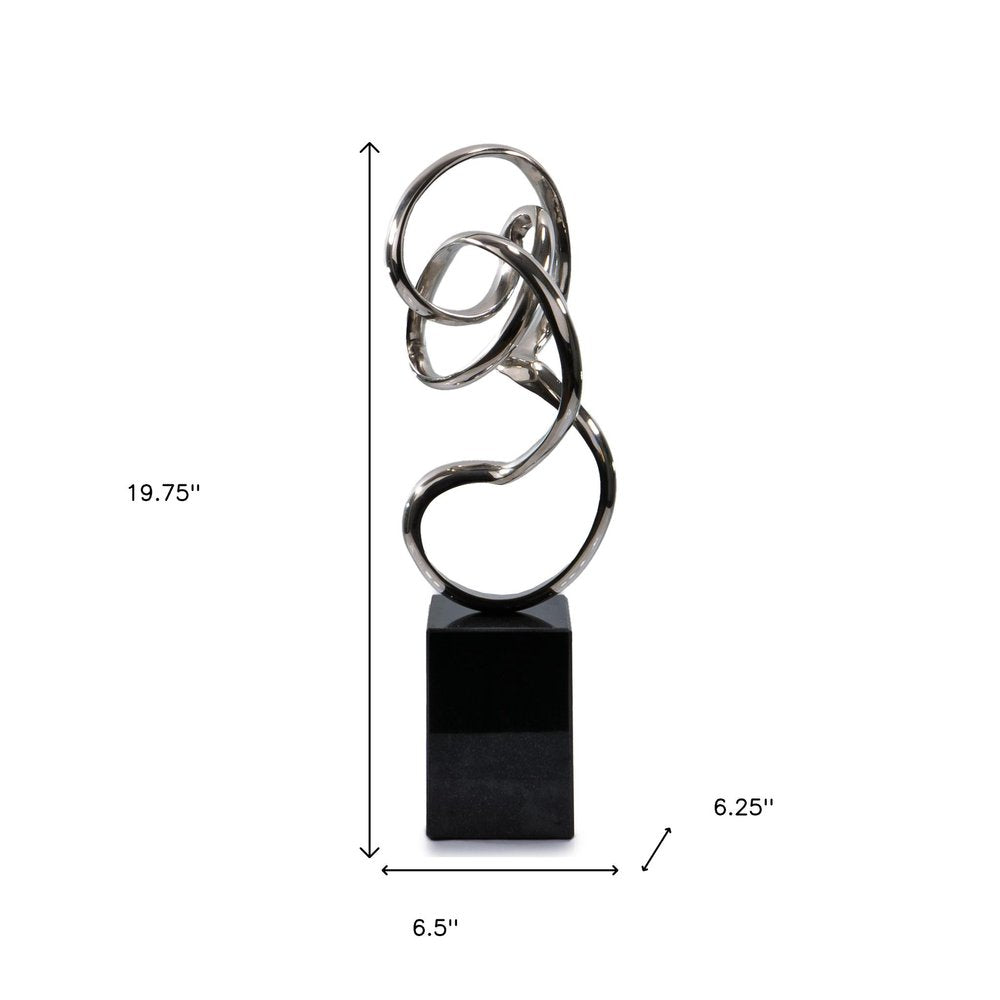 20" Silver And Black Aluminum And Marble Modern Abstract Tabletop Sculpture. Sculpture isolated on a plain white background, in a silver metal finish.