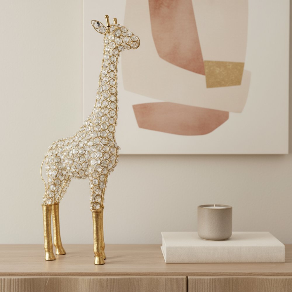 23" Gold Aluminum And Faux Crystal Giraffe Tabletop Sculpture. Sculpture in gold crystal.