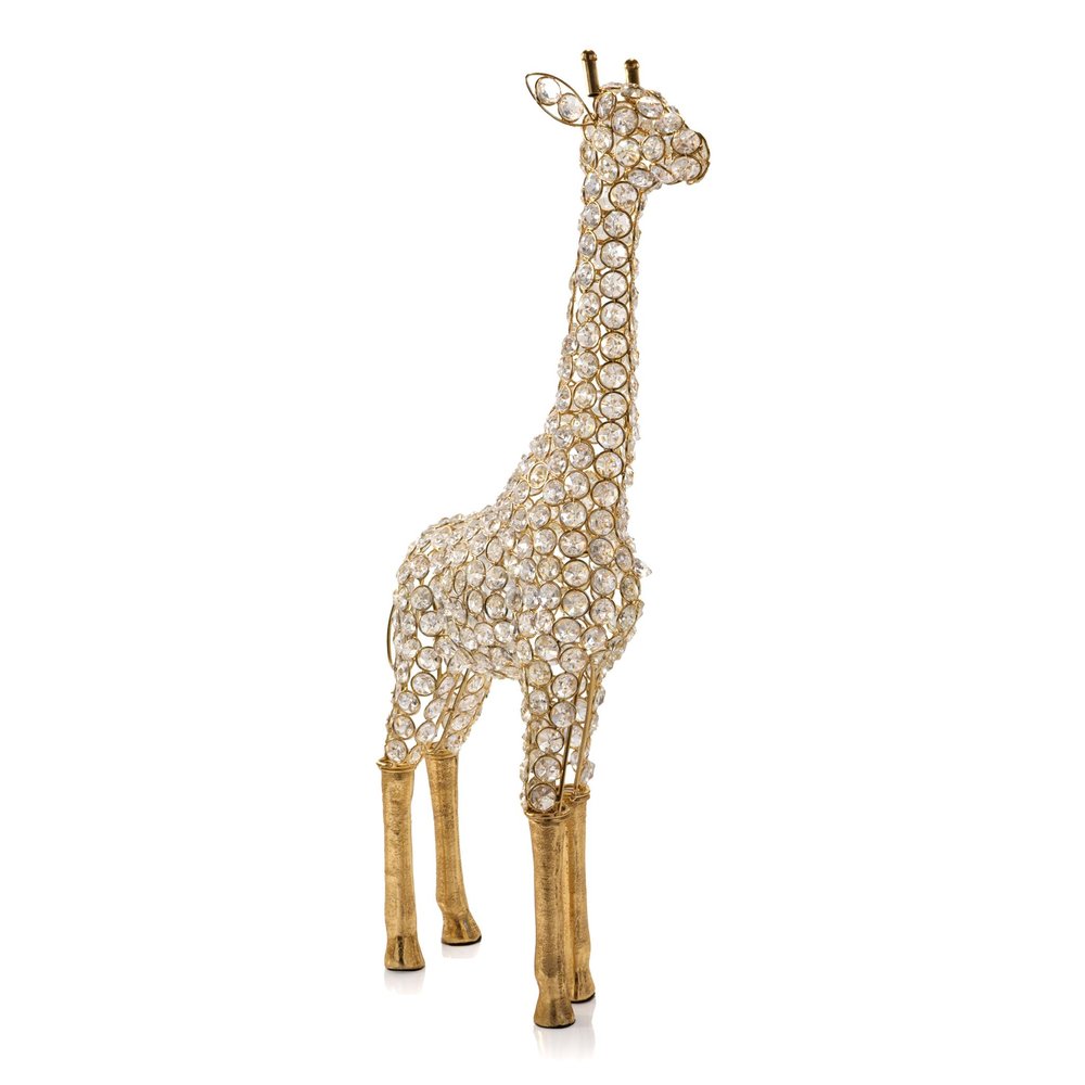 23" Gold Aluminum And Faux Crystal Giraffe Tabletop Sculpture. Sculpture isolated on a plain white background, finished in gold crystal.