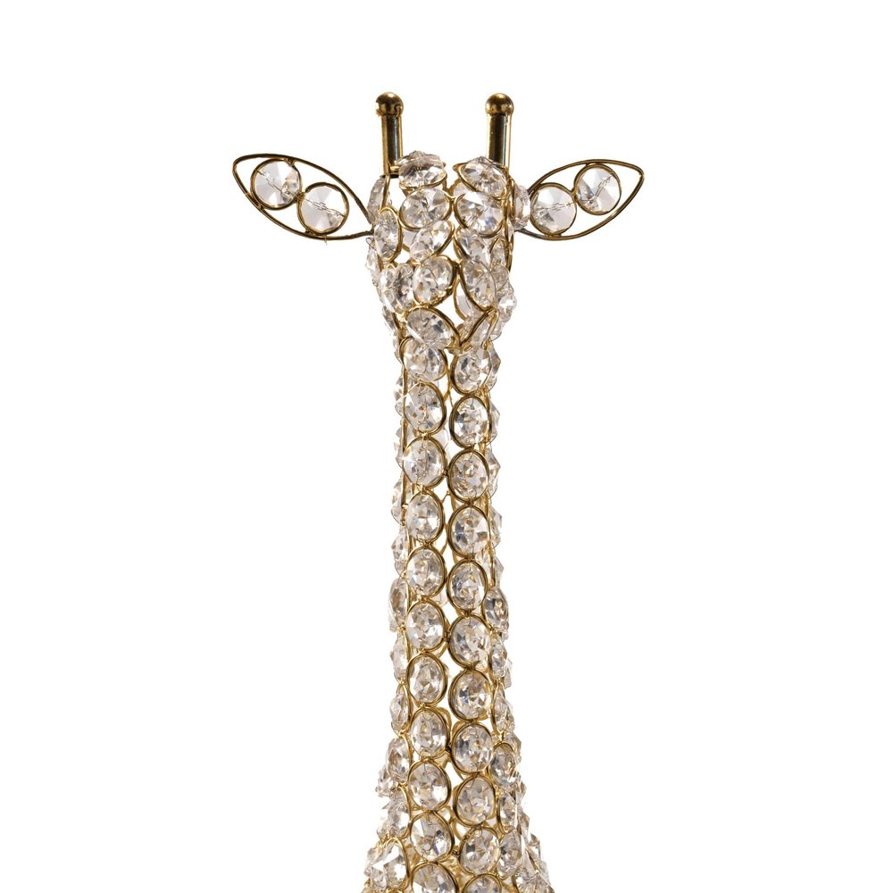 23" Gold Aluminum And Faux Crystal Giraffe Tabletop Sculpture. Sculpture isolated on a plain white background, in a gold crystal finish.