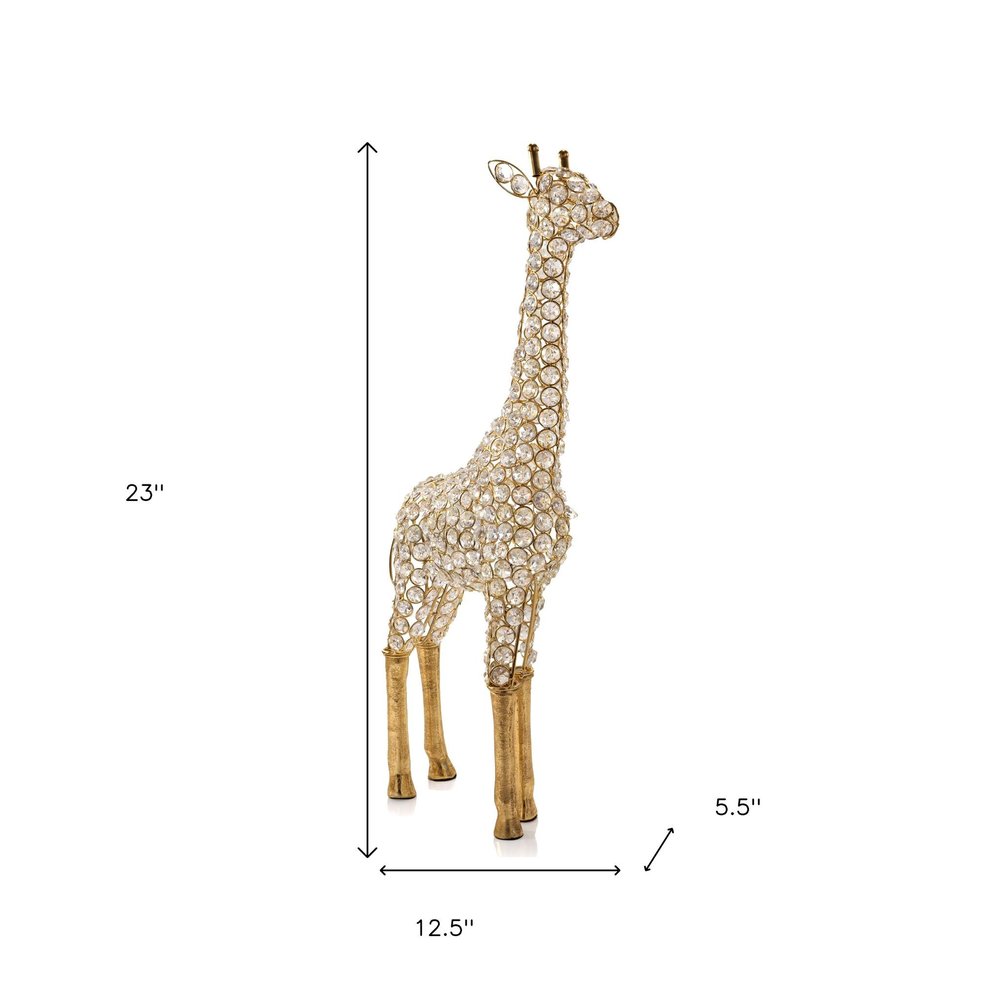 23" Gold Aluminum And Faux Crystal Giraffe Tabletop Sculpture. Sculpture isolated on a plain white background, showing a gold crystal surface.