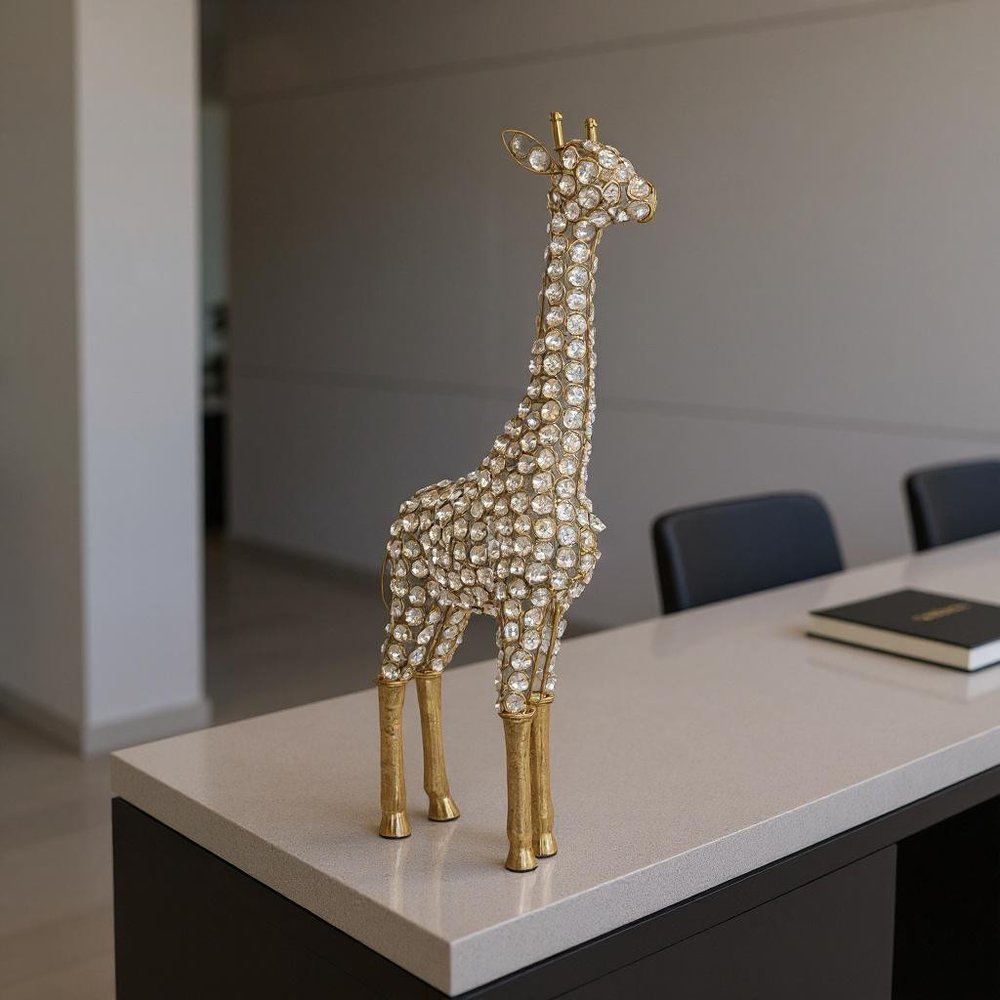 23" Gold Aluminum And Faux Crystal Giraffe Tabletop Sculpture. Sculpture in gold crystal.