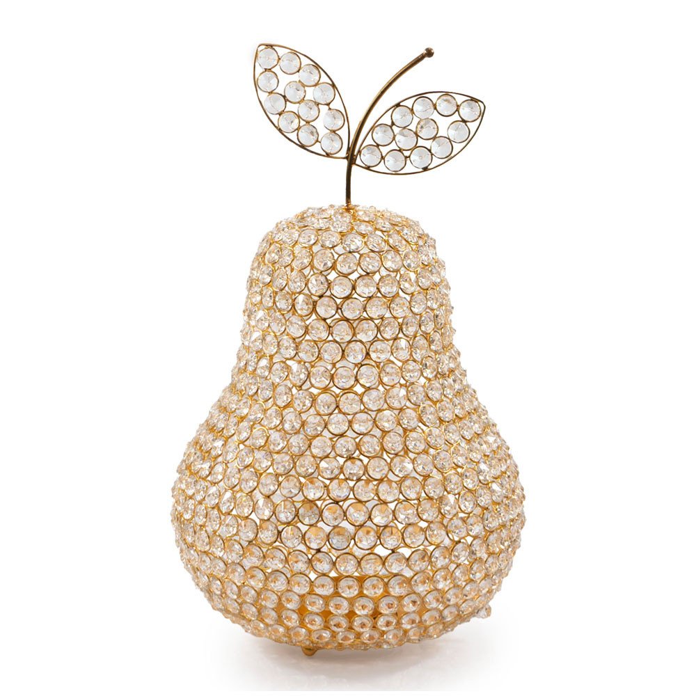 18" Gold Aluminum And Faux Crystal Decorative Pear. Home product isolated on a plain white background, in a gold crystal finish.