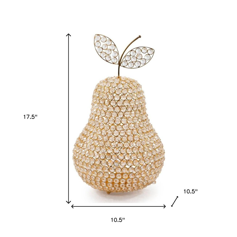 18" Gold Aluminum And Faux Crystal Decorative Pear. Home product isolated on a plain white background, showing a gold crystal surface.