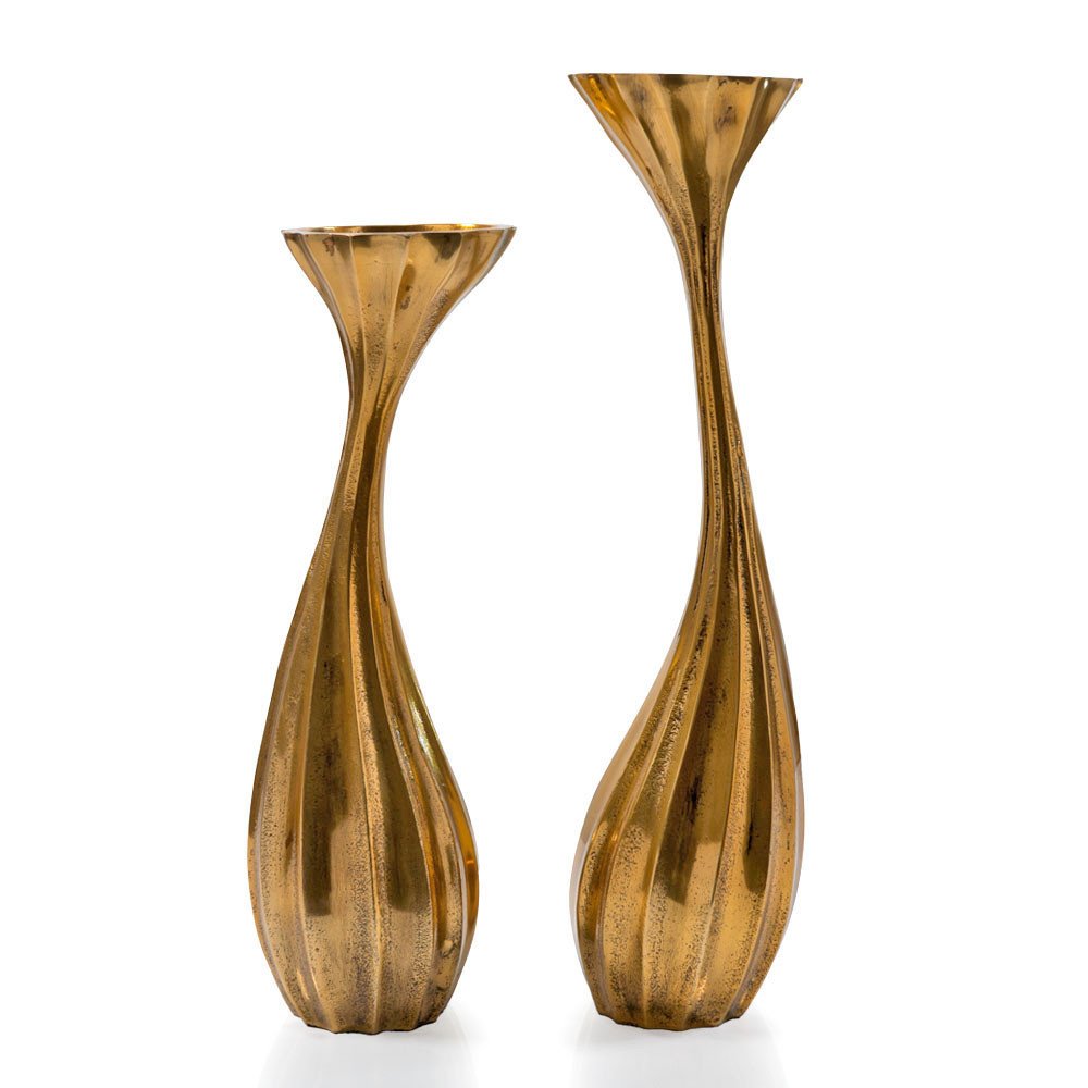 Set of Two Antiqued Gold Aluminum Wavy Faceted Tabletop Pillar Candle Holders on a white background