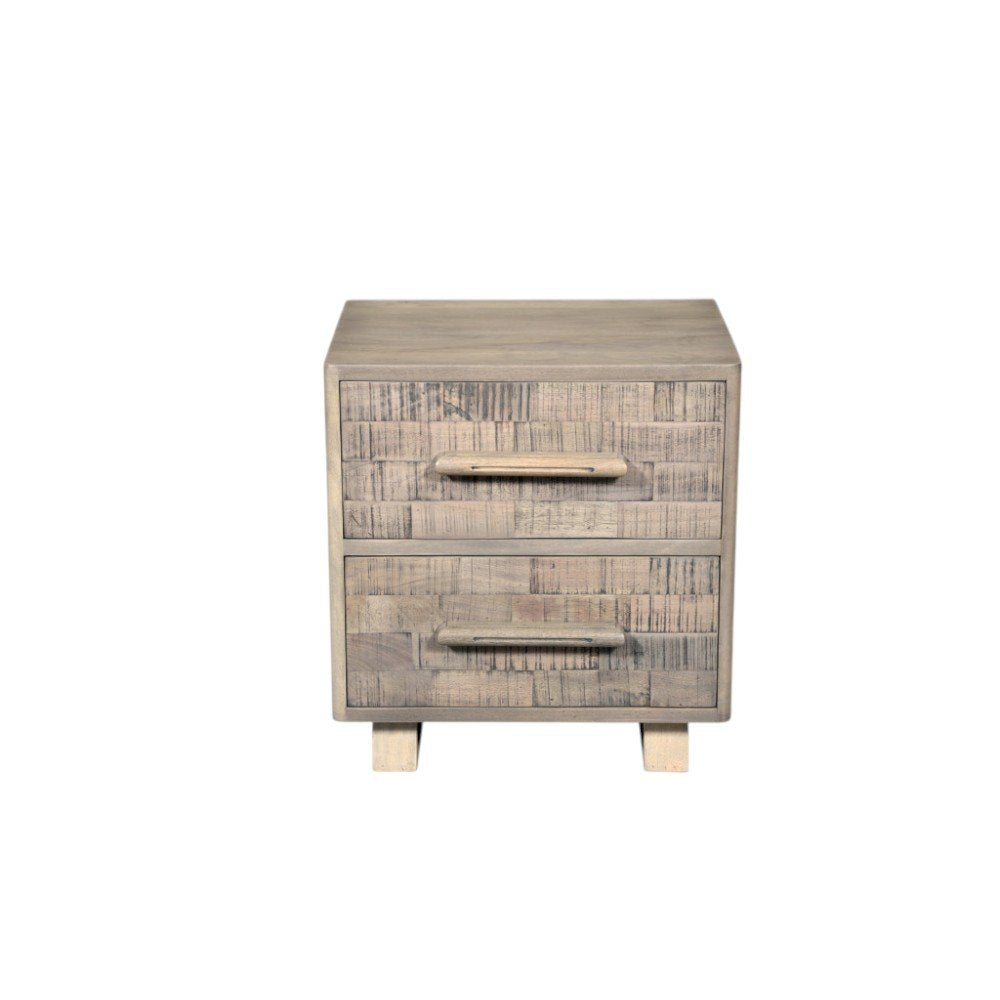 26" Gray Solid Wood Carved Geometric Two Drawer Nightstand. Nightstands & bedside table isolated on a plain white background, showing a gray wood surface.