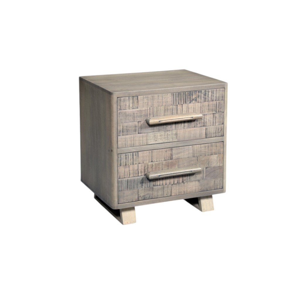 26" Gray Solid Wood Carved Geometric Two Drawer Nightstand. Nightstands & bedside table isolated on a plain white background, finished in gray wood.