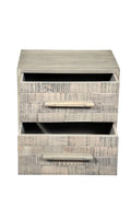 Gray solid wood two-drawer nightstand with carved geometric pattern and light wood finish on a white background.
