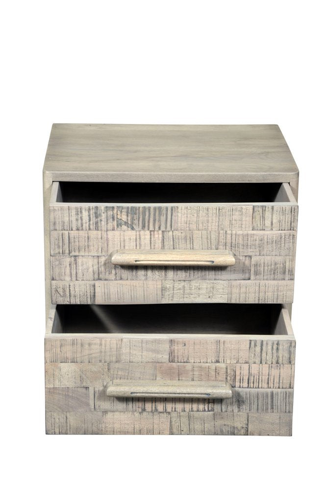 Gray solid wood two-drawer nightstand with carved geometric pattern and light wood finish on a white background.