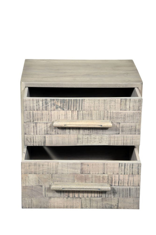 Gray solid wood two-drawer nightstand with carved geometric pattern and light wood finish on a white background.
