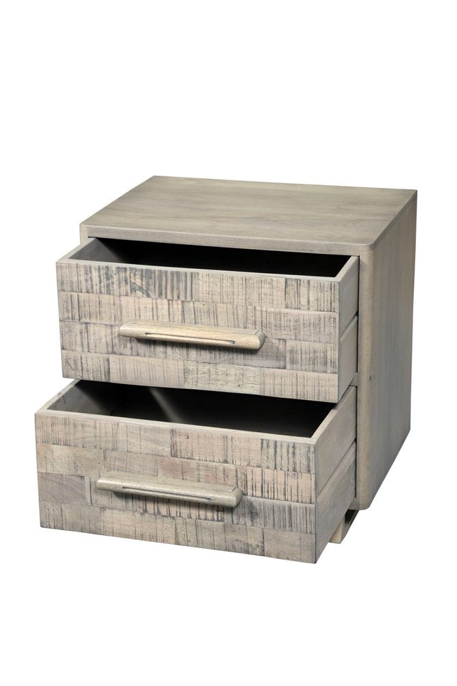 26" Gray Solid Wood Carved Geometric Two Drawer Nightstand. Nightstands & bedside table isolated on a plain white background, showing a gray wood surface.